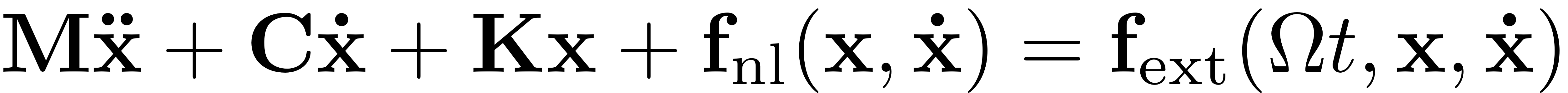 $$ \mathbf M \mathbf{\ddot{x}} + \mathbf C \mathbf{\dot{x}} + \mathbf{Kx} + \mathbf{f}_\textrm{nl} (\mathbf{x,\dot{x}}) = \mathbf{f}_\textrm{ext}(\Omega t, \mathbf x, \mathbf{\dot{x}}) $$