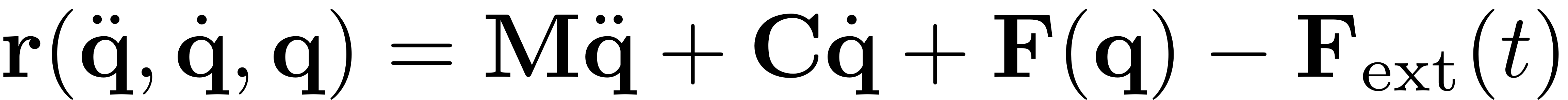 $$\mathbf{r}(\ddot{\mathbf{q}},\dot{\mathbf{q}},\mathbf{q}) = \mathbf{M}\ddot{\mathbf{q}}
+ \mathbf{C}\dot{\mathbf{q}} + \mathbf{F}(\mathbf{q}) - \mathbf{F}_{\textrm{ext}}(t)$$