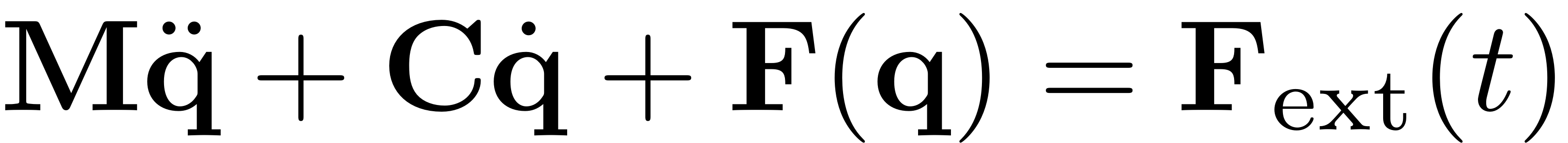 $$\mathbf{M}\ddot{\mathbf{q}} + \mathbf{C}\dot{\mathbf{q}} + \mathbf{F}(\mathbf{q})
=\mathbf{F}_{\textrm{ext}}(t)$$